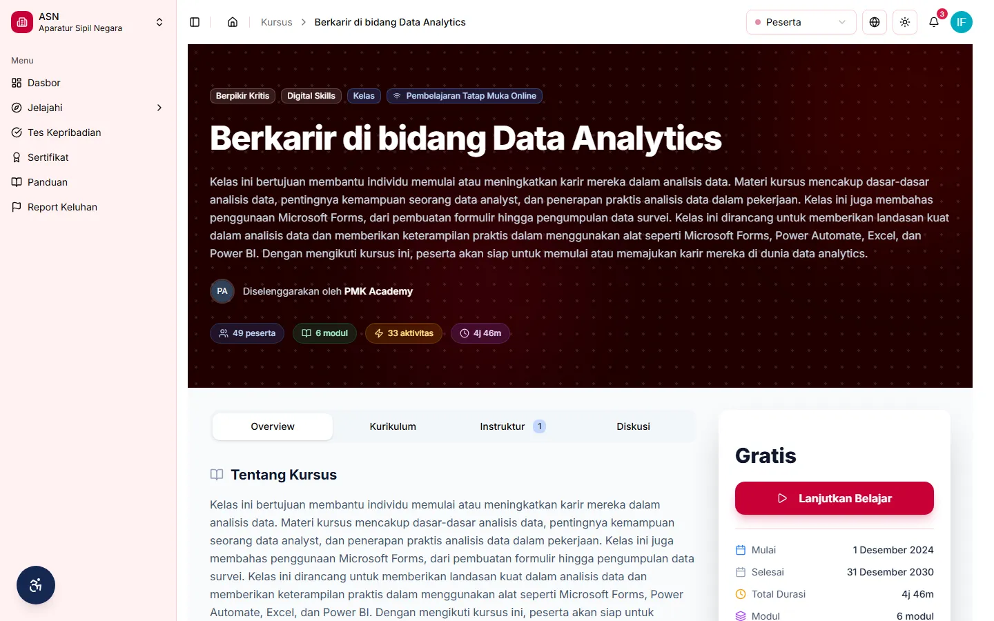 Halaman kelas setelah berhasil terdaftar, tombol berubah menjadi Lanjutkan Belajar