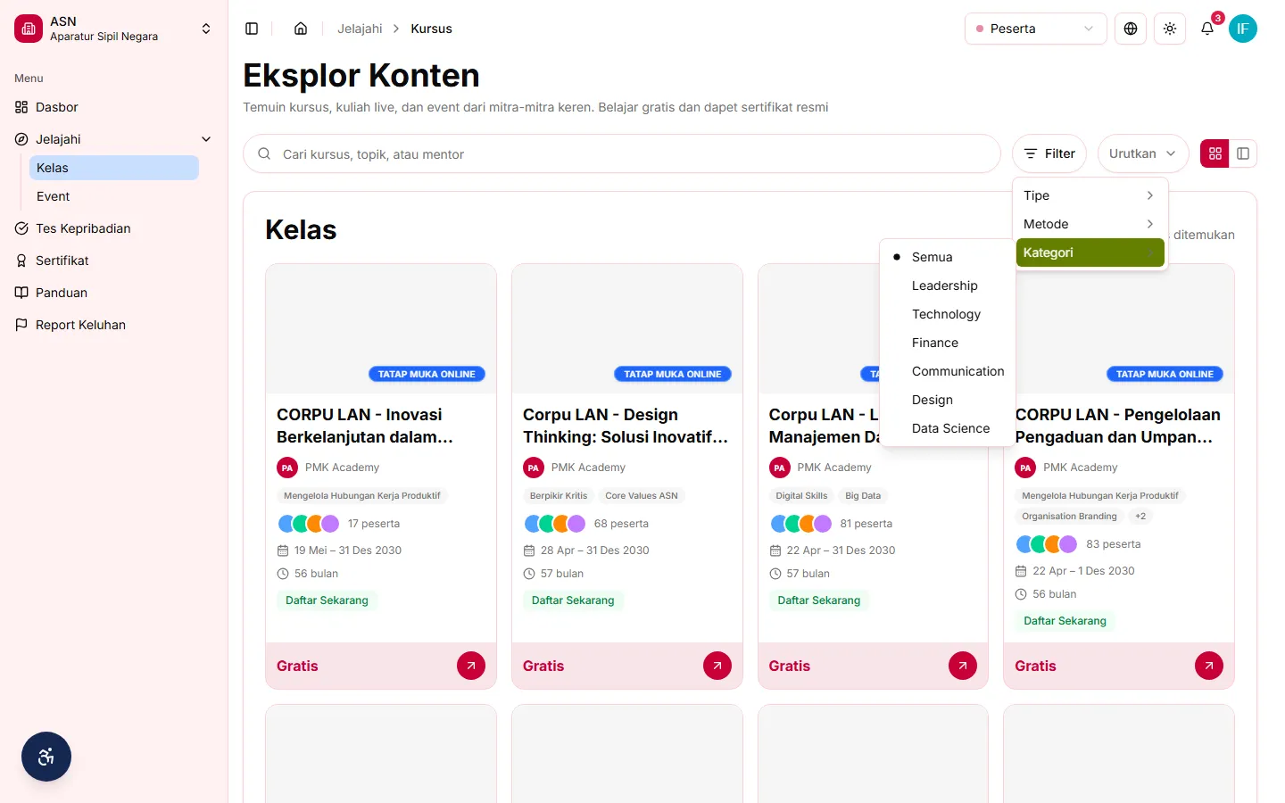 Menu Filter terbuka pada katalog kelas, memperlihatkan submenu Kategori dengan daftar kategori kompetensi