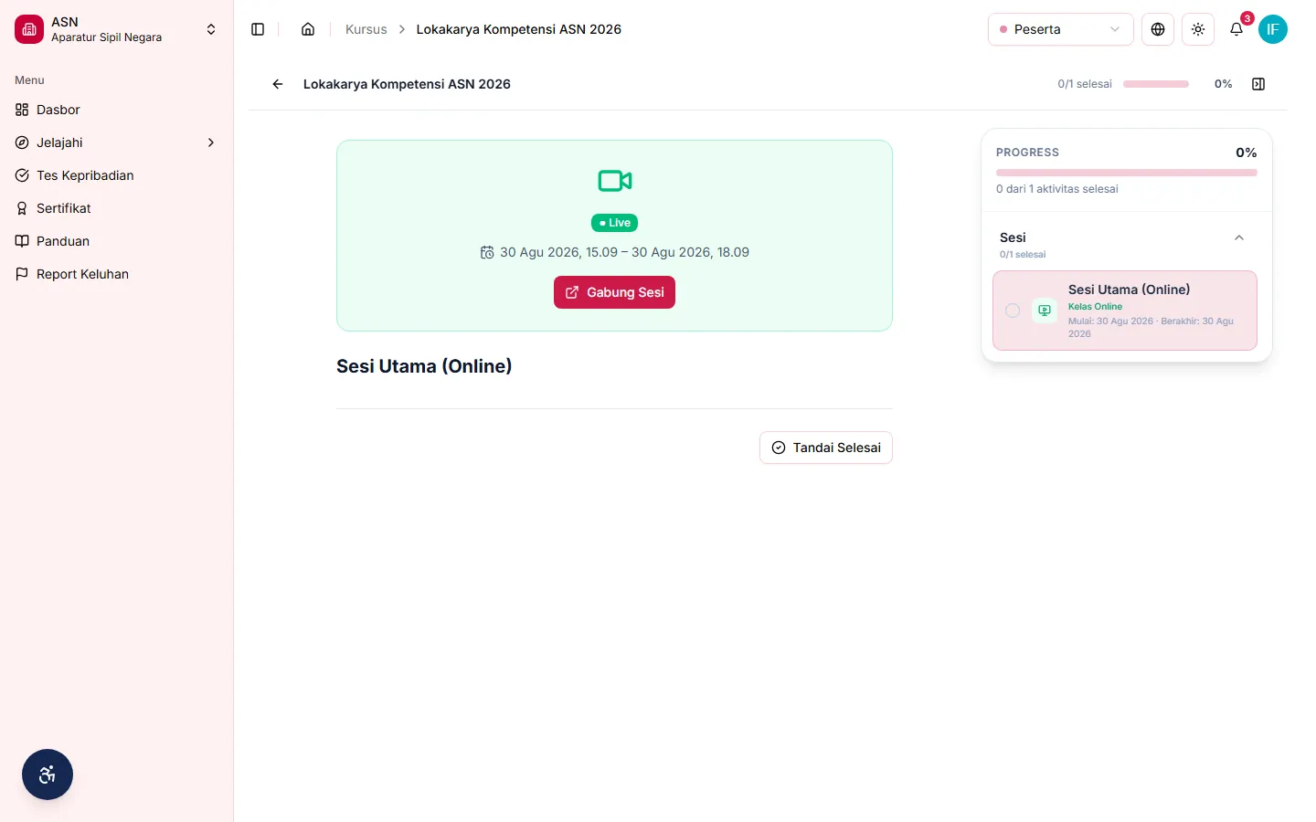 Halaman sesi event daring dengan status dan tombol Gabung Sesi