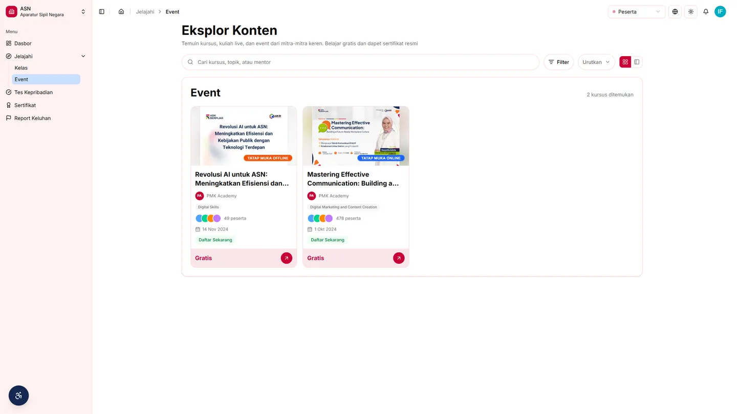 Halaman Jelajahi Event dengan kartu-kartu event beserta tanggal pelaksanaan dan status pendaftarannya