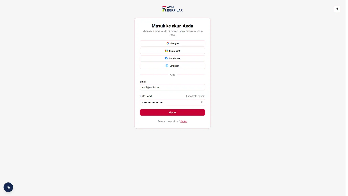 Form login dengan kolom Email dan Kata Sandi sudah terisi, tombol Masuk di bawahnya