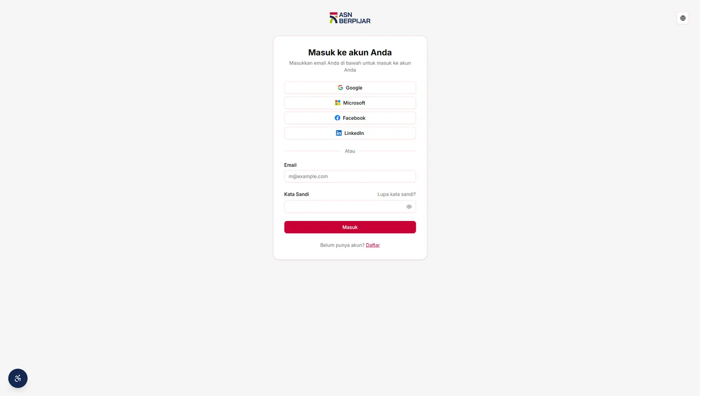 Halaman login platform ini: judul "Masuk ke akun Anda" dengan pilihan login sosial dan tautan masuk dengan email
