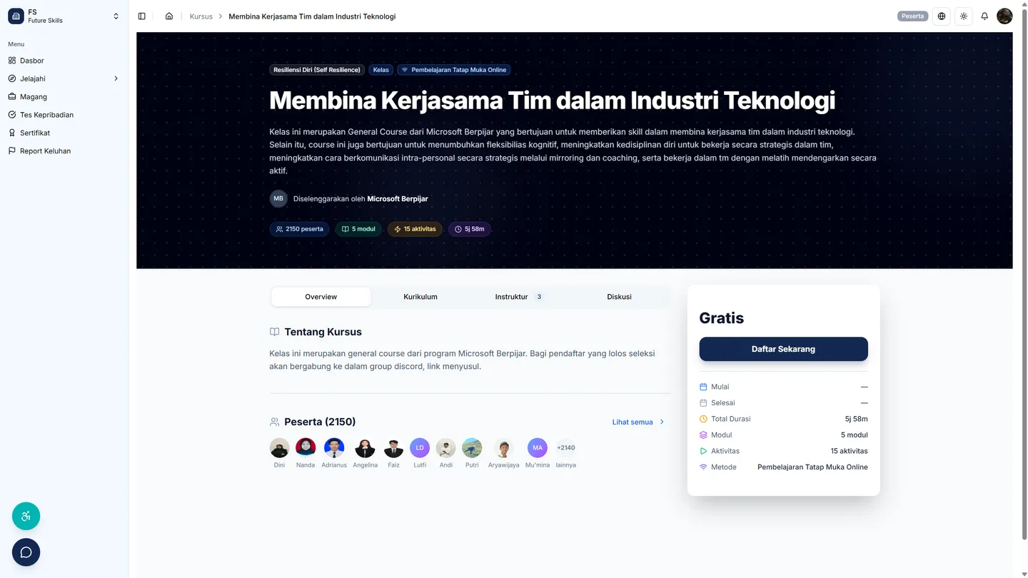 Halaman detail kelas: tab Overview, panel kanan dengan tombol Daftar Sekarang, jumlah peserta, jadwal, dan jendela pendaftaran