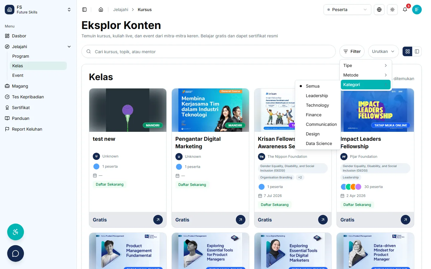 Menu Filter terbuka pada katalog kelas, memperlihatkan submenu Kategori dengan daftar kategori kompetensi