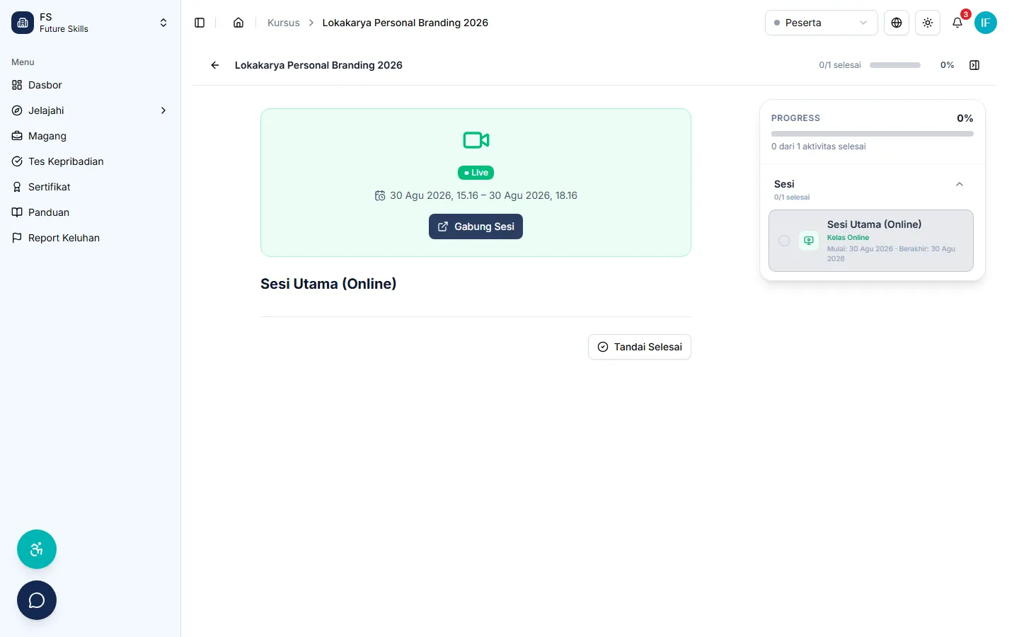 Halaman sesi event daring dengan status dan tombol Gabung Sesi