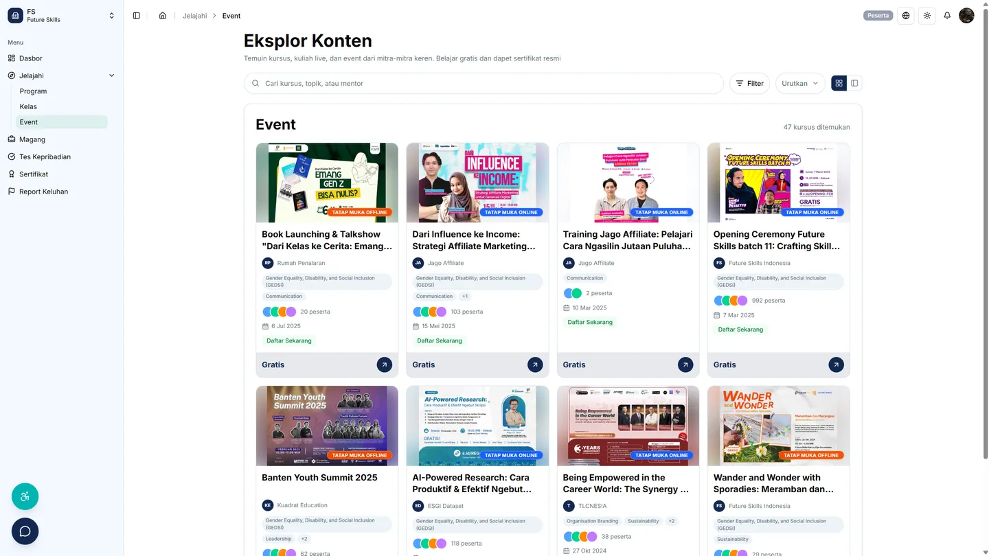 Halaman Jelajahi Event dengan kartu-kartu event beserta tanggal pelaksanaan dan status pendaftarannya