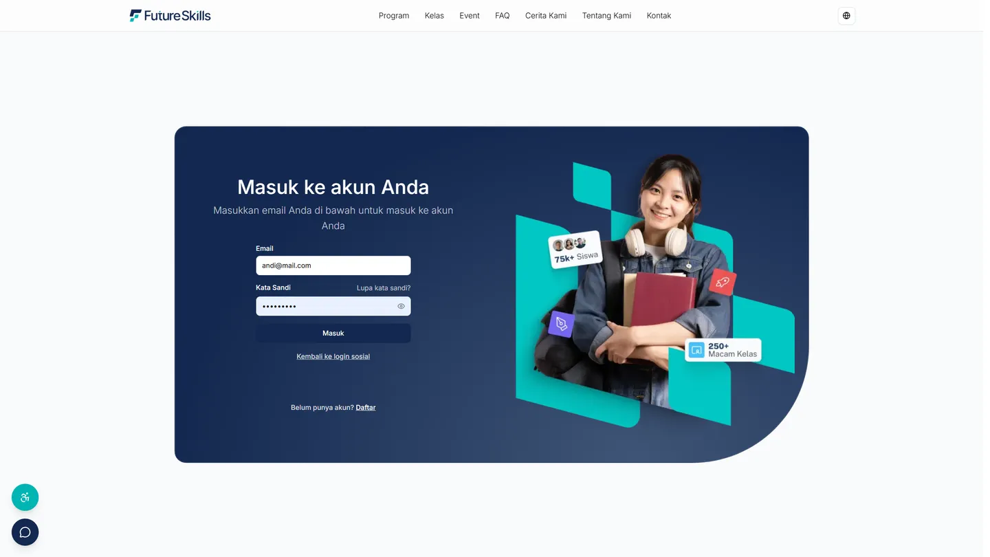 Form login dengan kolom Email dan Kata Sandi sudah terisi, tombol Masuk di bawahnya