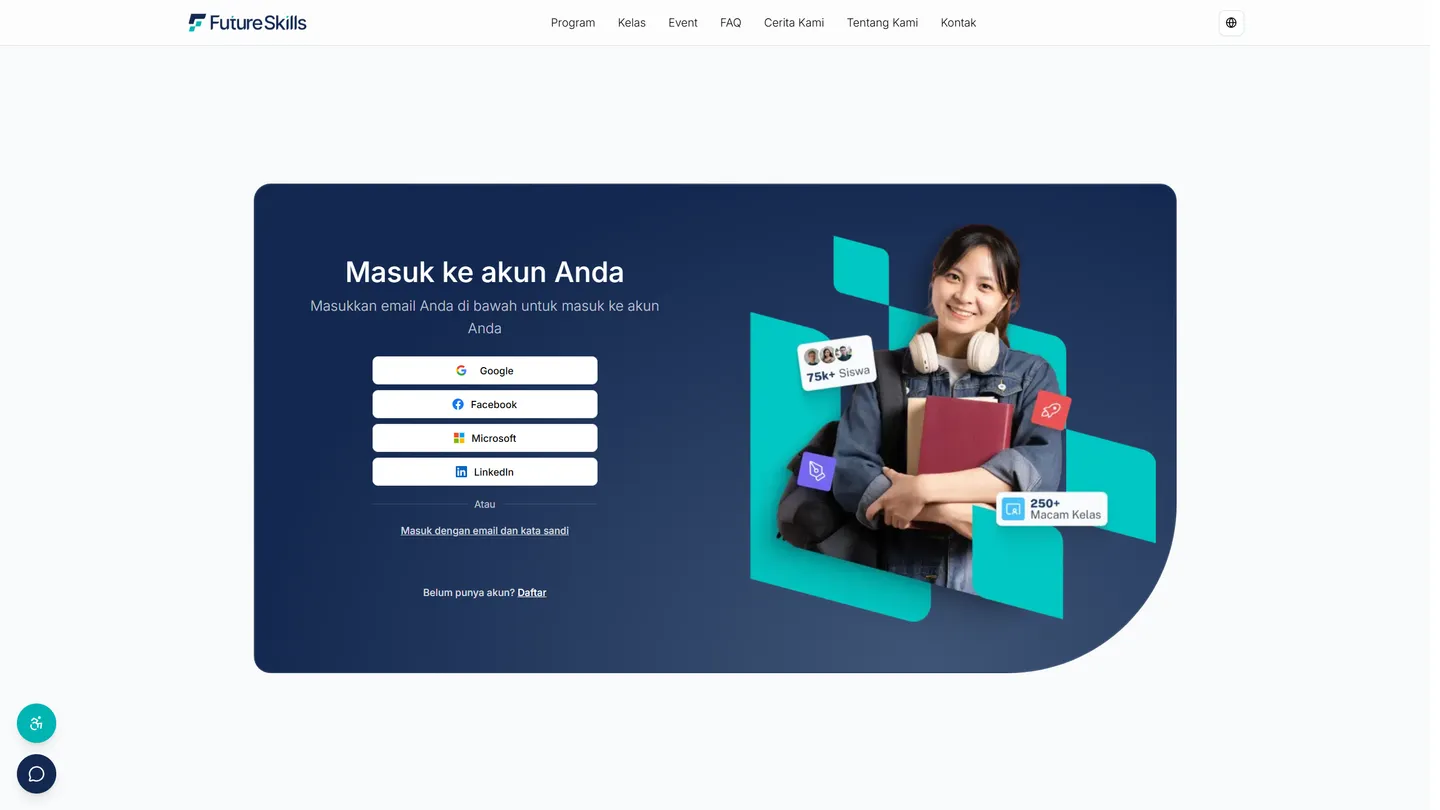 Halaman login platform ini: judul "Masuk ke akunmu" dengan pilihan login sosial dan tautan masuk dengan email