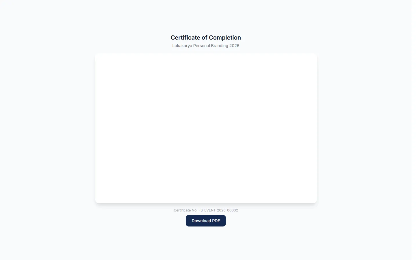 Halaman verifikasi publik berjudul Certificate of Completion dengan judul, nomor sertifikat, dan tombol Download PDF